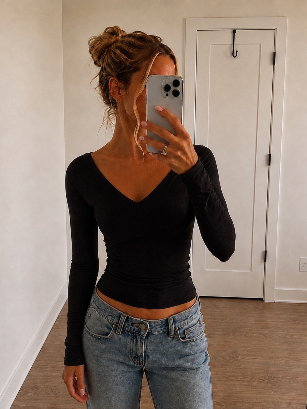 Urban Outfitters Sheer Long Sleeve V Neck Top